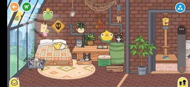 Спальня в мансарде с кирпичной стеной и мебелью в Toca Boca World