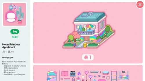 Карточка магазина Toca Boca World: дом Neon Rainbow Apartment за 1,99 доллара с мебелью и декором